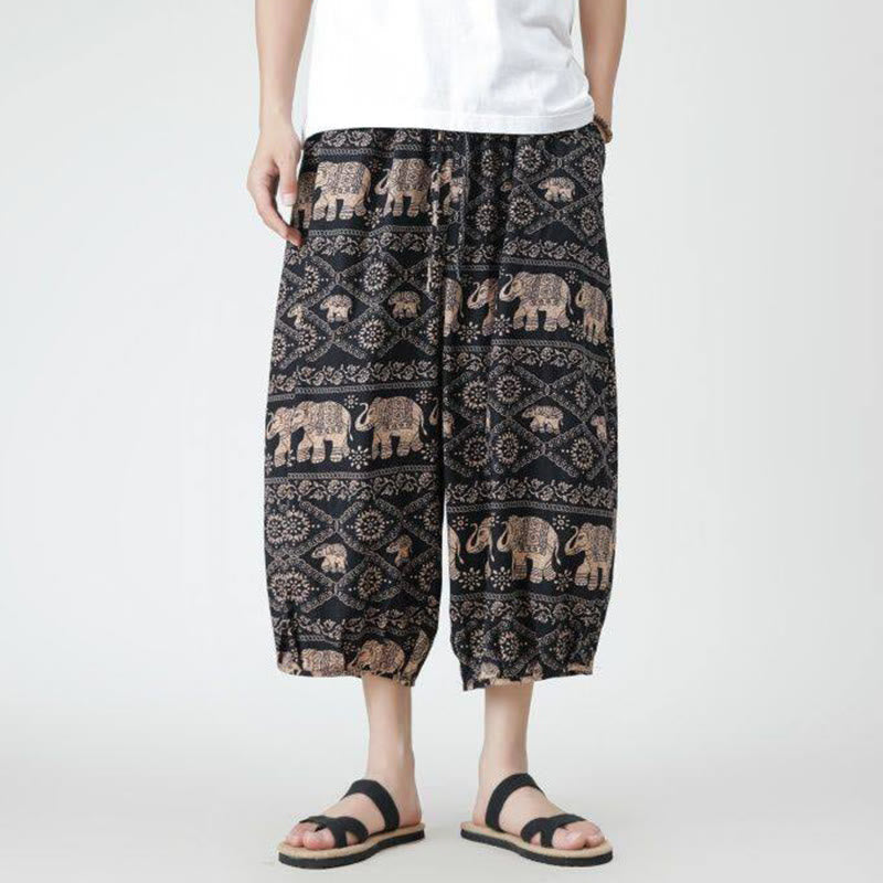 Nimara Ritual Summer Square Patchwork Elephant Mandala Geometry Cotton Linen Men's 7-8 Length Pants With Pockets