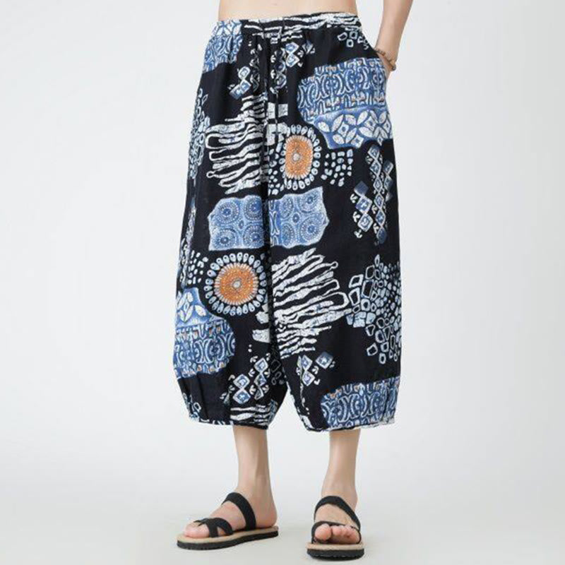Nimara Ritual Summer Square Patchwork Elephant Mandala Geometry Cotton Linen Men's 7-8 Length Pants With Pockets
