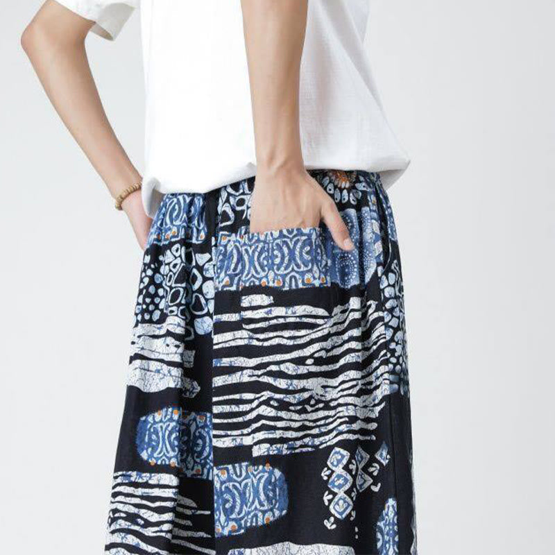 Nimara Ritual Summer Square Patchwork Elephant Mandala Geometry Cotton Linen Men's 7-8 Length Pants With Pockets