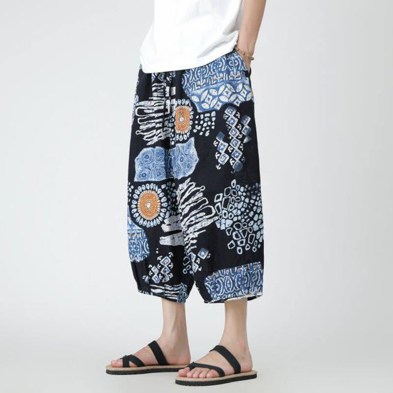 Nimara Ritual Summer Square Patchwork Elephant Mandala Geometry Cotton Linen Men's 7-8 Length Pants With Pockets