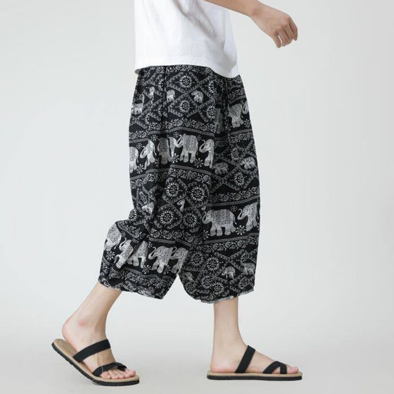 Nimara Ritual Summer Square Patchwork Elephant Mandala Geometry Cotton Linen Men's 7-8 Length Pants With Pockets