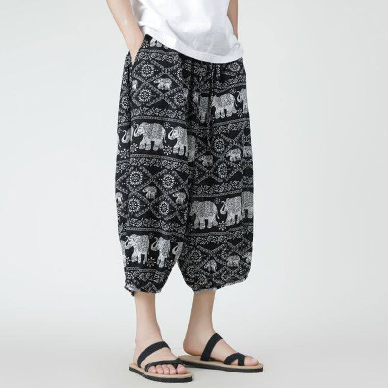 Nimara Ritual Summer Square Patchwork Elephant Mandala Geometry Cotton Linen Men's 7-8 Length Pants With Pockets