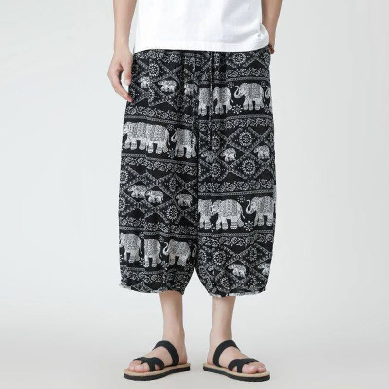 Nimara Ritual Summer Square Patchwork Elephant Mandala Geometry Cotton Linen Men's 7-8 Length Pants With Pockets
