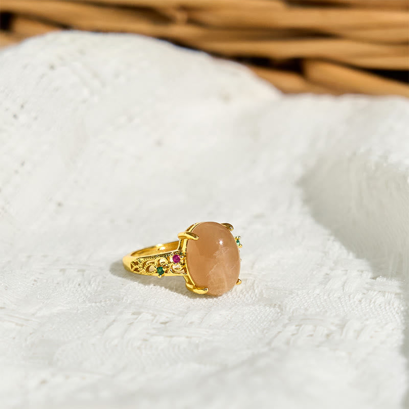Nimara Ritual Hollow Vine Design Peach Moonstone Adjustable Happiness Ring