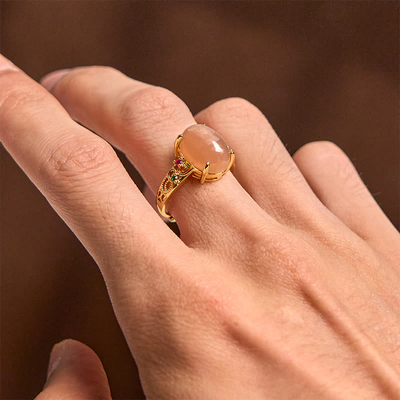 Nimara Ritual Hollow Vine Design Peach Moonstone Adjustable Happiness Ring