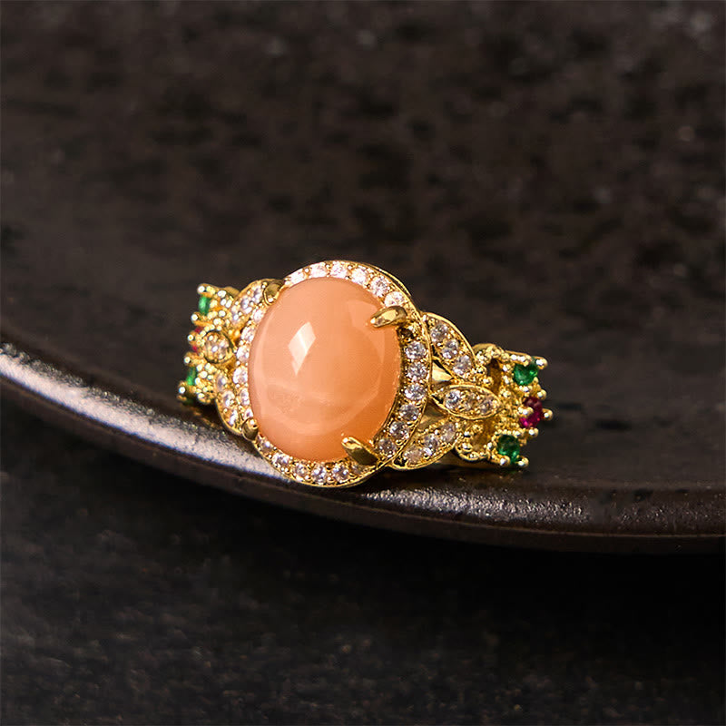 Nimara Ritual Vintage Prong Setting Four Leaf Flower Design Peach Moonstone Adjustable Soothing Ring