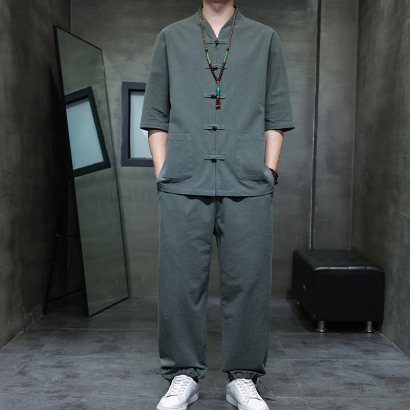 Nimara Ritual 2Pcs Tang Suit Frog-Button Design Shirt Pants With Pockets Men's Cotton Linen Meditation Cloth Set