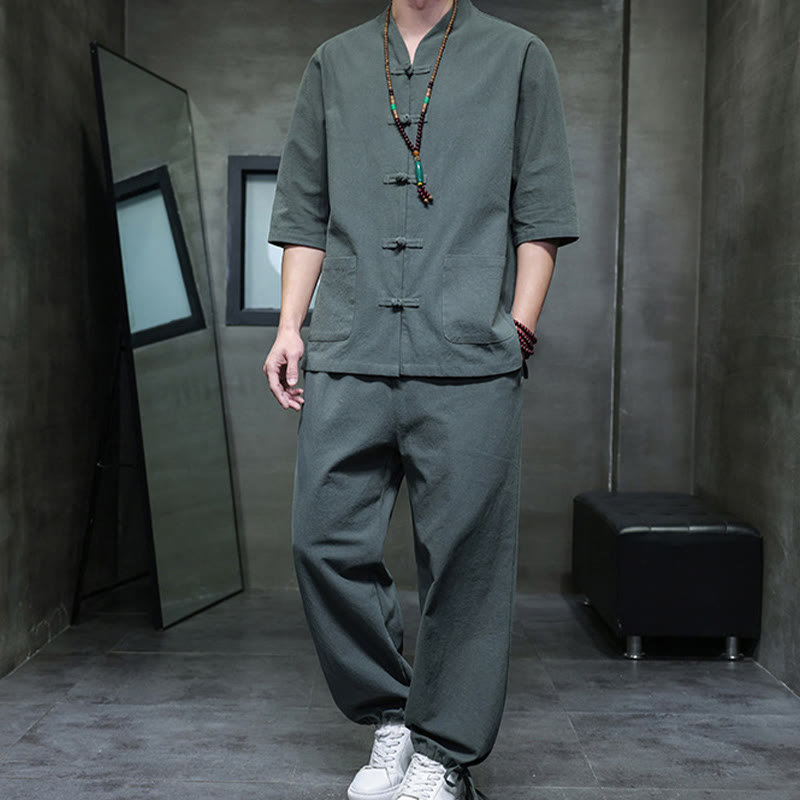 Nimara Ritual 2Pcs Tang Suit Frog-Button Design Shirt Pants With Pockets Men's Cotton Linen Meditation Cloth Set