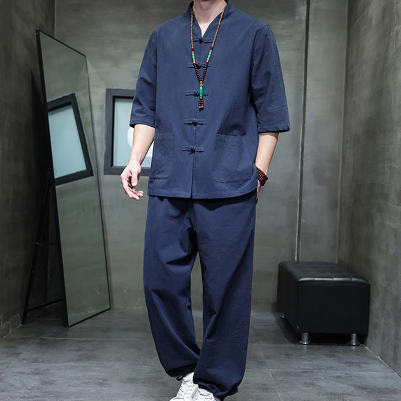 Nimara Ritual 2Pcs Tang Suit Frog-Button Design Shirt Pants With Pockets Men's Cotton Linen Meditation Cloth Set