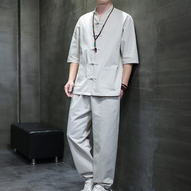 Nimara Ritual 2Pcs Tang Suit Frog-Button Design Shirt Pants With Pockets Men's Cotton Linen Meditation Cloth Set