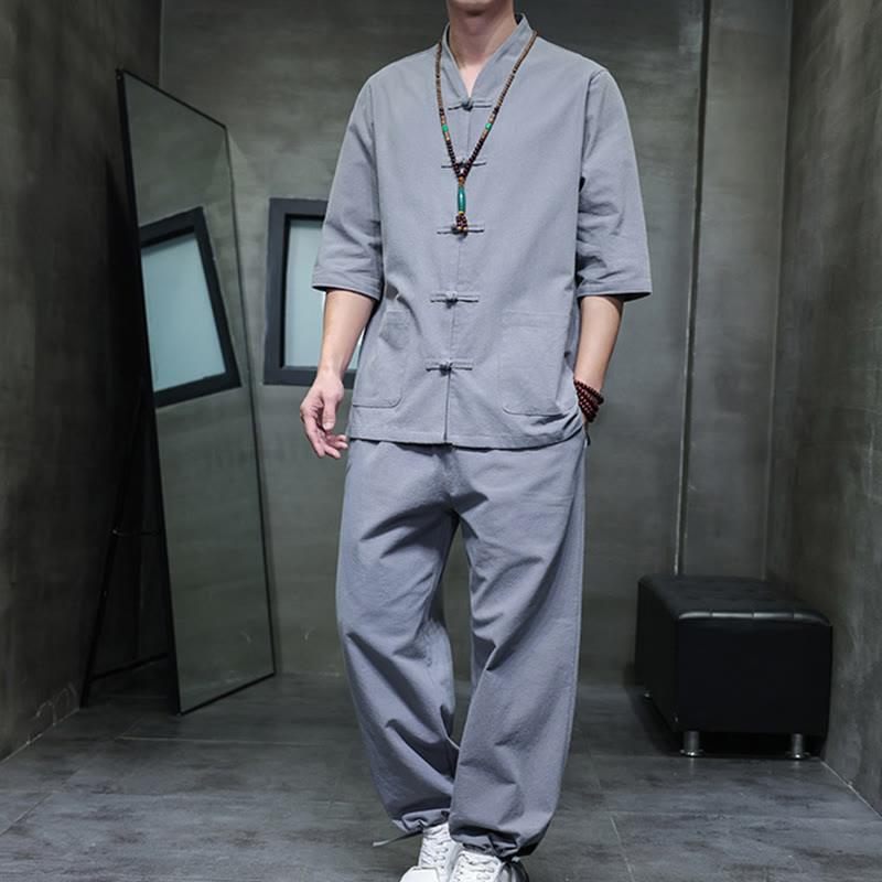 Nimara Ritual 2Pcs Tang Suit Frog-Button Design Shirt Pants With Pockets Men's Cotton Linen Meditation Cloth Set