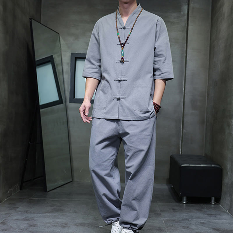 Nimara Ritual 2Pcs Tang Suit Frog-Button Design Shirt Pants With Pockets Men's Cotton Linen Meditation Cloth Set