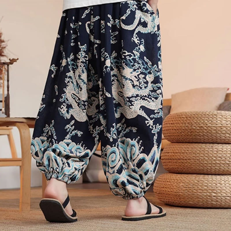 Nimara Ritual Dragon Print Cotton Men's Harem Ankle-Length Pants With Pockets