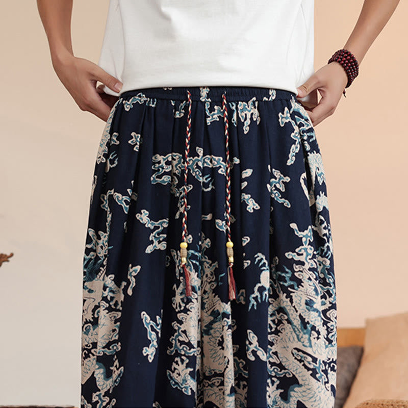 Nimara Ritual Dragon Print Cotton Men's Harem Ankle-Length Pants With Pockets