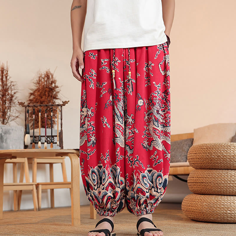 Nimara Ritual Dragon Print Cotton Men's Harem Ankle-Length Pants With Pockets