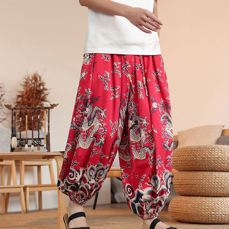 Nimara Ritual Dragon Print Cotton Men's Harem Ankle-Length Pants With Pockets