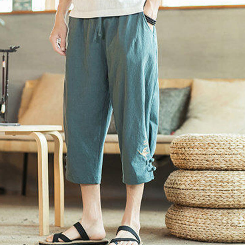 Nimara Ritual Crane Embroidery Cotton Men's Cropped Harem Pants With Pockets