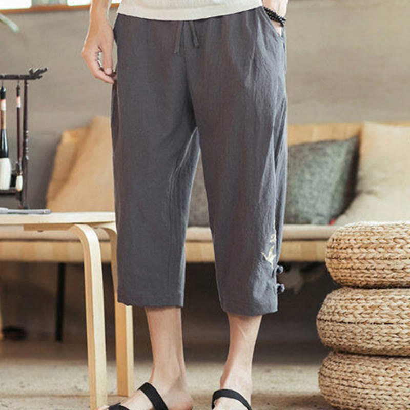 Nimara Ritual Crane Embroidery Cotton Men's Cropped Harem Pants With Pockets