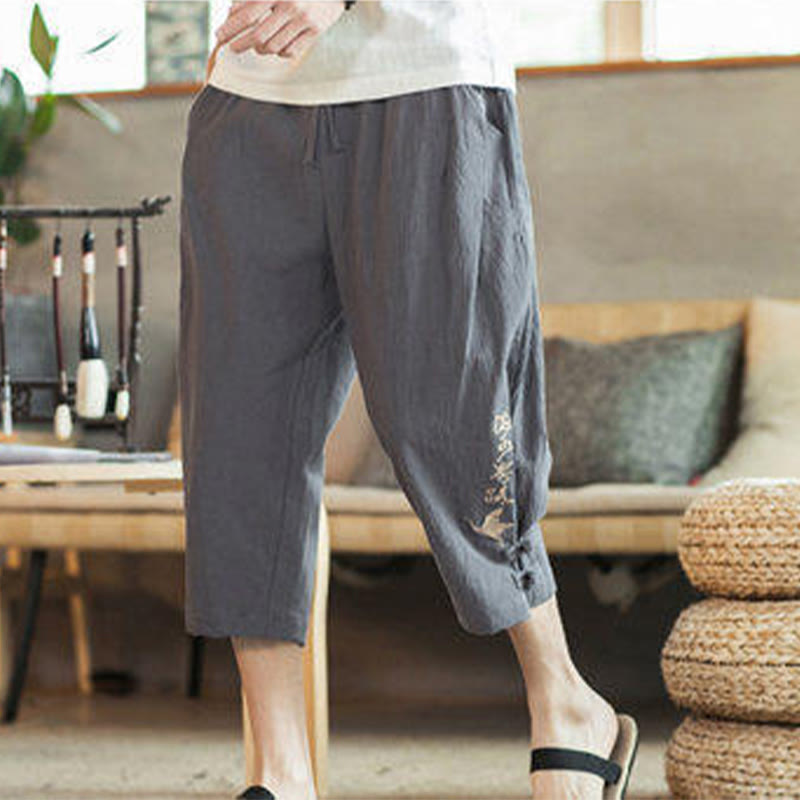 Nimara Ritual Crane Embroidery Cotton Men's Cropped Harem Pants With Pockets