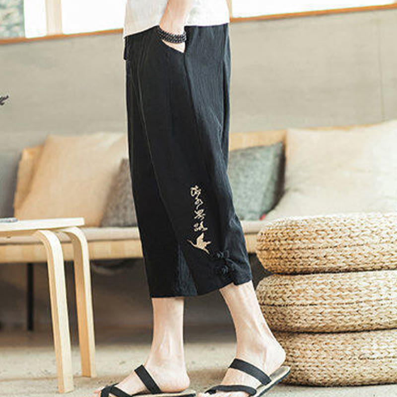 Nimara Ritual Crane Embroidery Cotton Men's Cropped Harem Pants With Pockets