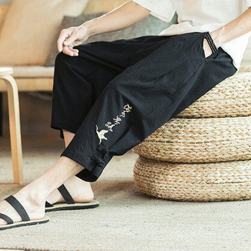 Nimara Ritual Crane Embroidery Cotton Men's Cropped Harem Pants With Pockets