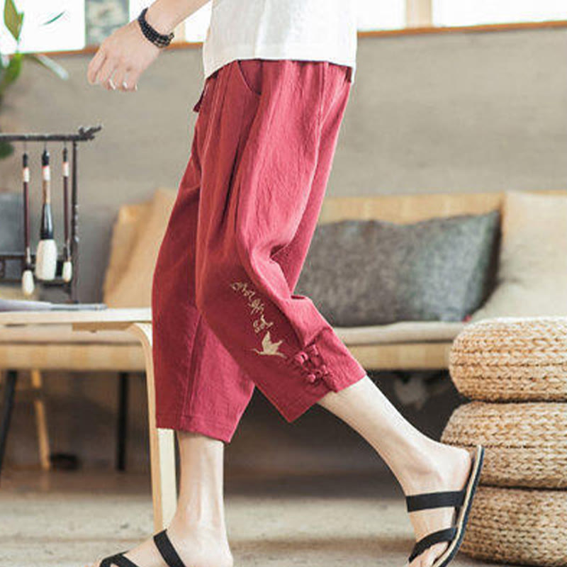 Nimara Ritual Crane Embroidery Cotton Men's Cropped Harem Pants With Pockets