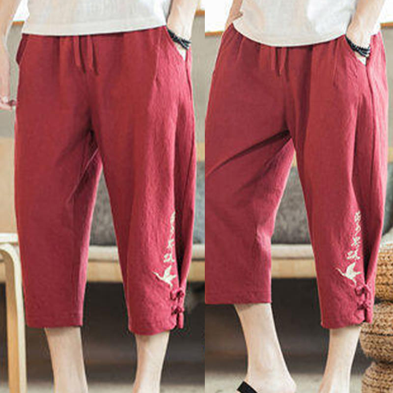 Nimara Ritual Crane Embroidery Cotton Men's Cropped Harem Pants With Pockets