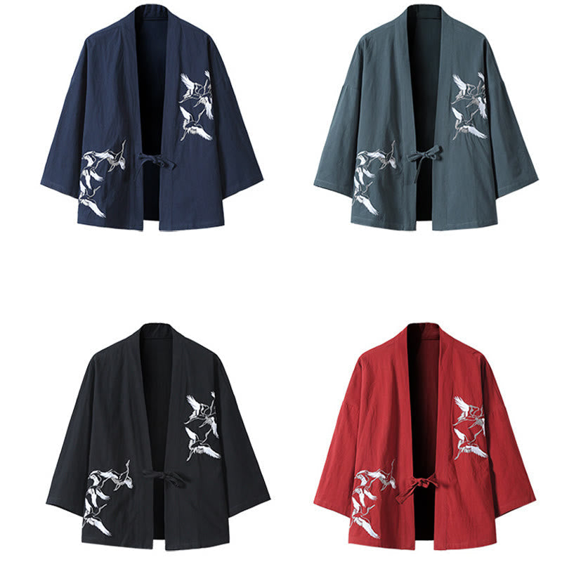 Nimara Ritual Embroidery Flying White Cranes Cotton Linen Open Front Jacket Men's Kimono
