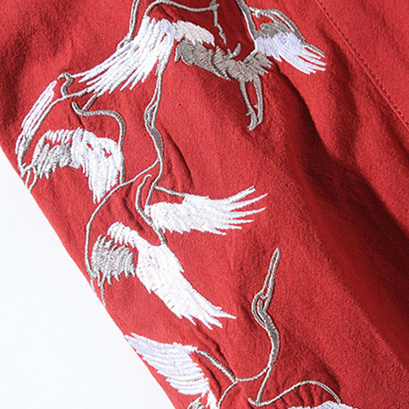 Nimara Ritual Embroidery Flying White Cranes Cotton Linen Open Front Jacket Men's Kimono