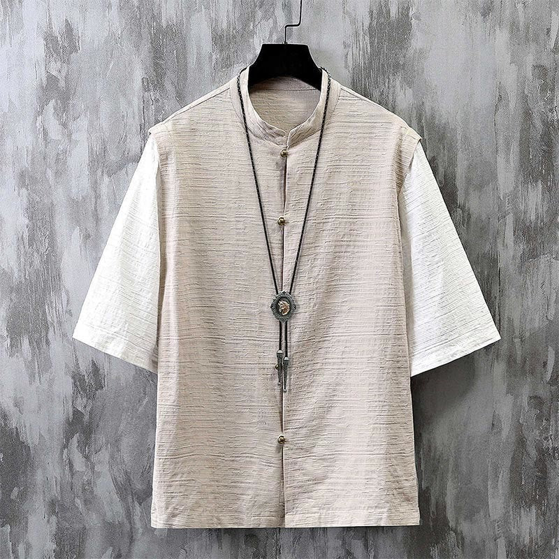 Nimara Ritual Summer Patchwork Color Design Men's Half Sleeve Cotton Linen Shirt