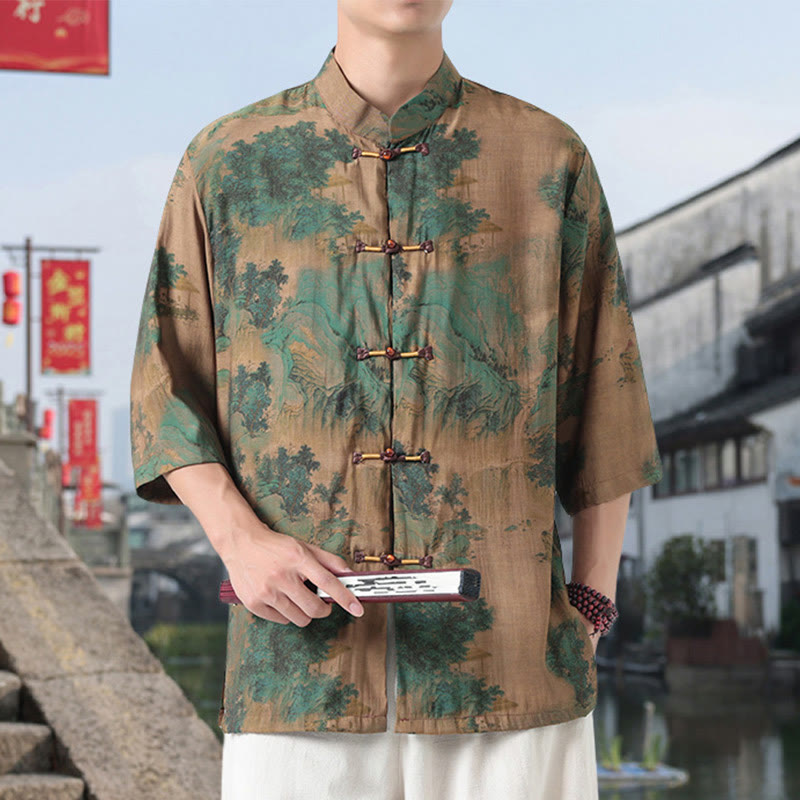 Nimara Ritual Dragon Auspicious Clouds Green Mountains Chinese Frog-Button Men's Half Sleeve Cotton Linen Shirt