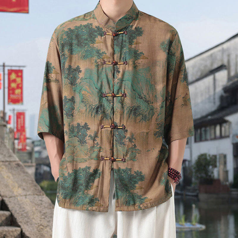Nimara Ritual Dragon Auspicious Clouds Green Mountains Chinese Frog-Button Men's Half Sleeve Cotton Linen Shirt