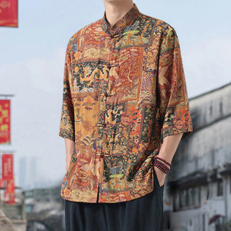 Nimara Ritual Dragon Auspicious Clouds Green Mountains Chinese Frog-Button Men's Half Sleeve Cotton Linen Shirt