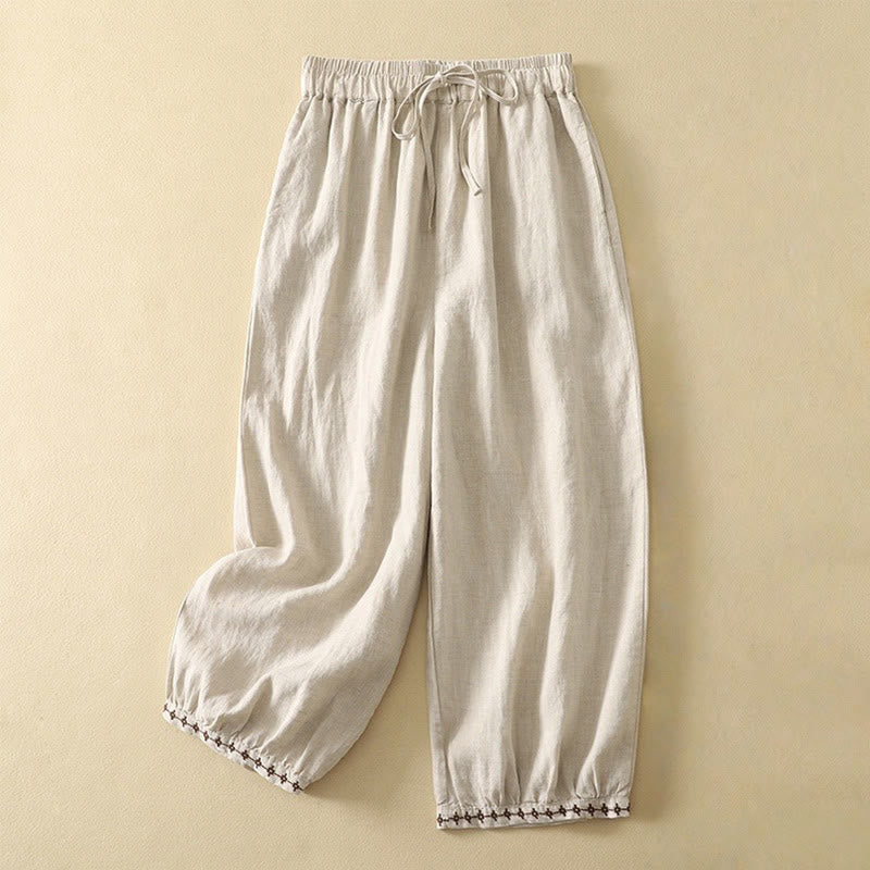 Nimara Ritual Casual Retro Drawstring Embroidery Design Women's 7-8 Length Pants With Pockets