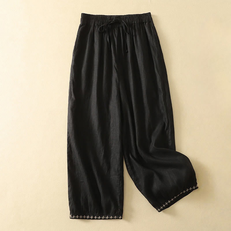 Nimara Ritual Casual Retro Drawstring Embroidery Design Women's 7-8 Length Pants With Pockets
