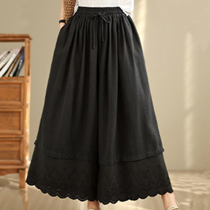 Nimara Ritual Spring Embroidery Lace Hem Patchwork Drawstring Design Women's Wide Leg Cotton Pants With Pockets
