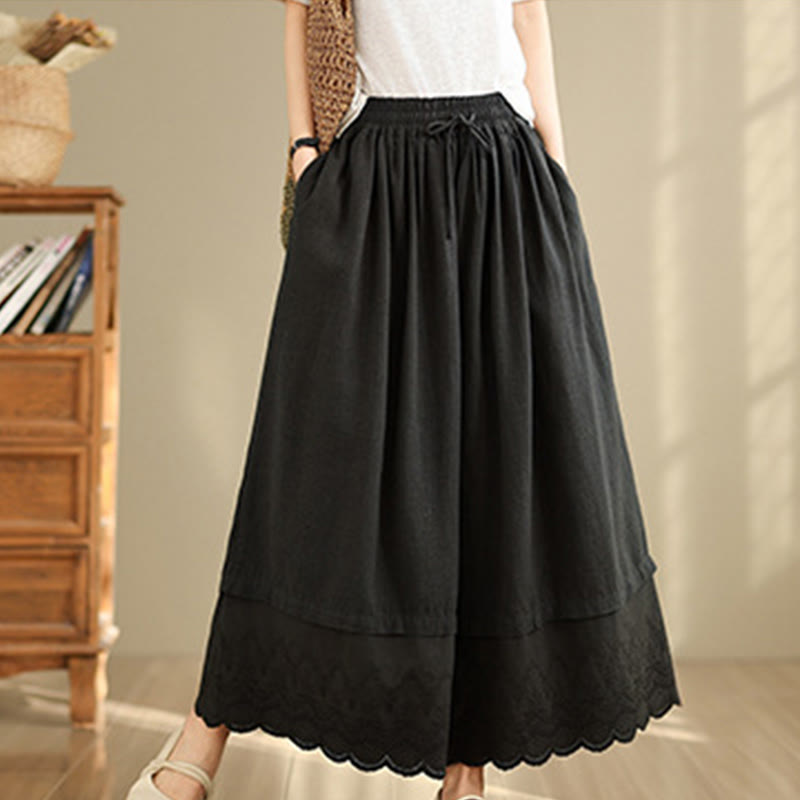 Nimara Ritual Spring Embroidery Lace Hem Patchwork Drawstring Design Women's Wide Leg Cotton Pants With Pockets