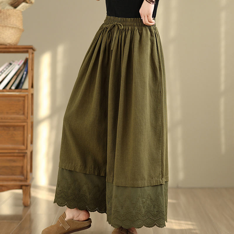 Nimara Ritual Spring Embroidery Lace Hem Patchwork Drawstring Design Women's Wide Leg Cotton Pants With Pockets