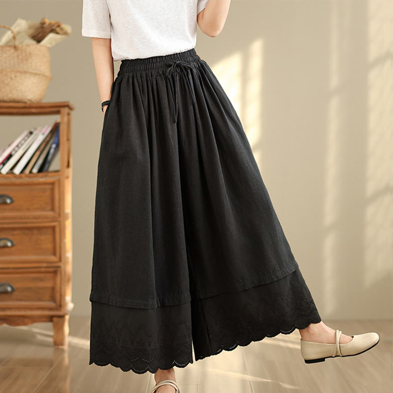 Nimara Ritual Spring Embroidery Lace Hem Patchwork Drawstring Design Women's Wide Leg Cotton Pants With Pockets