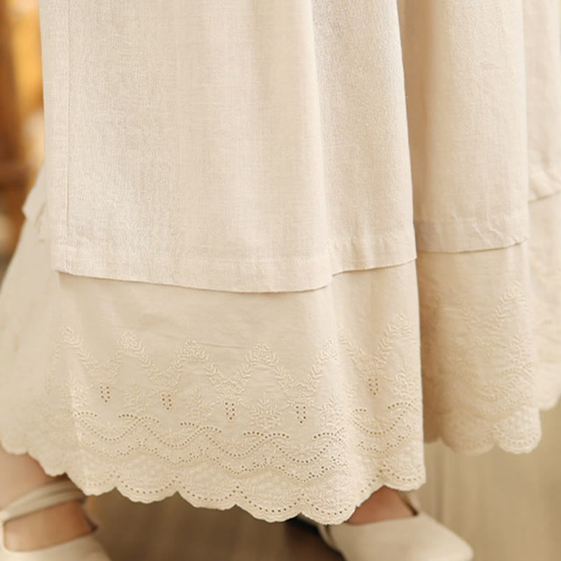 Nimara Ritual Spring Embroidery Lace Hem Patchwork Drawstring Design Women's Wide Leg Cotton Pants With Pockets