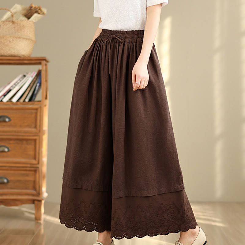 Nimara Ritual Spring Embroidery Lace Hem Patchwork Drawstring Design Women's Wide Leg Cotton Pants With Pockets