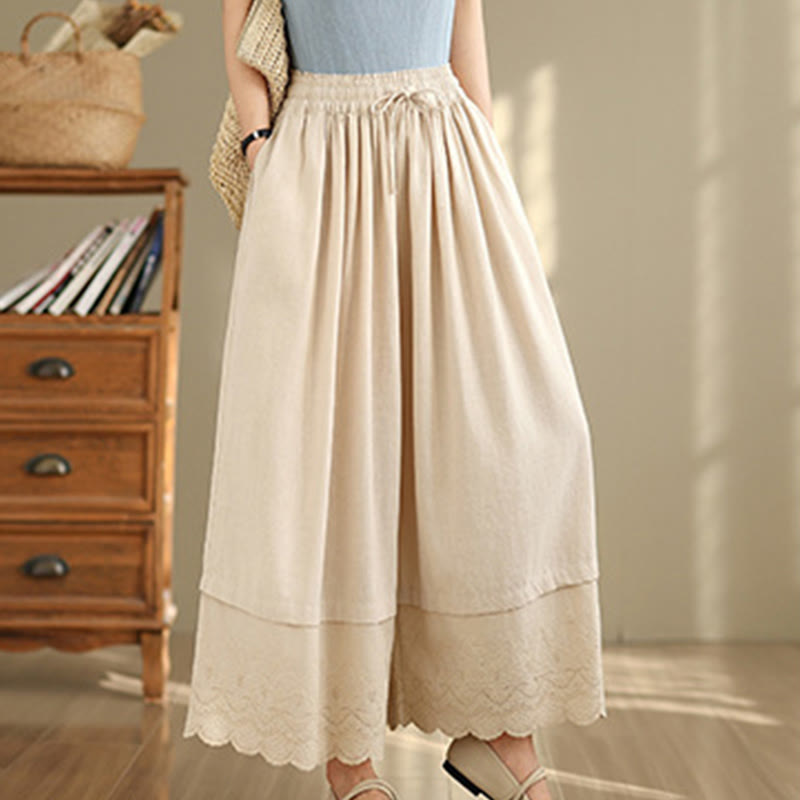 Nimara Ritual Spring Embroidery Lace Hem Patchwork Drawstring Design Women's Wide Leg Cotton Pants With Pockets