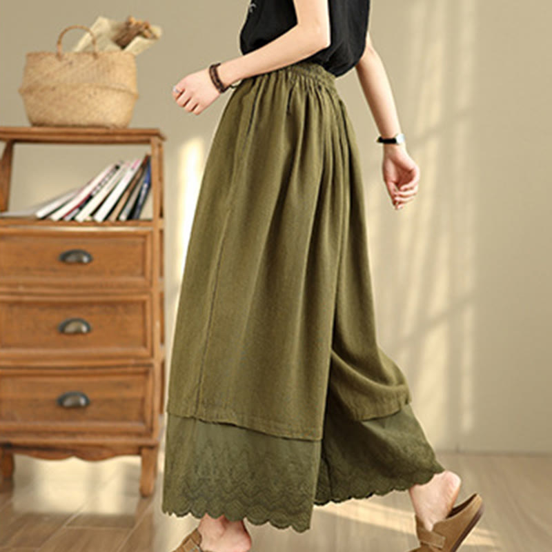 Nimara Ritual Spring Embroidery Lace Hem Patchwork Drawstring Design Women's Wide Leg Cotton Pants With Pockets