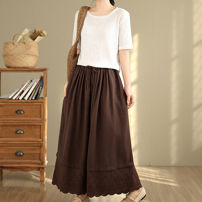 Nimara Ritual Spring Embroidery Lace Hem Patchwork Drawstring Design Women's Wide Leg Cotton Pants With Pockets