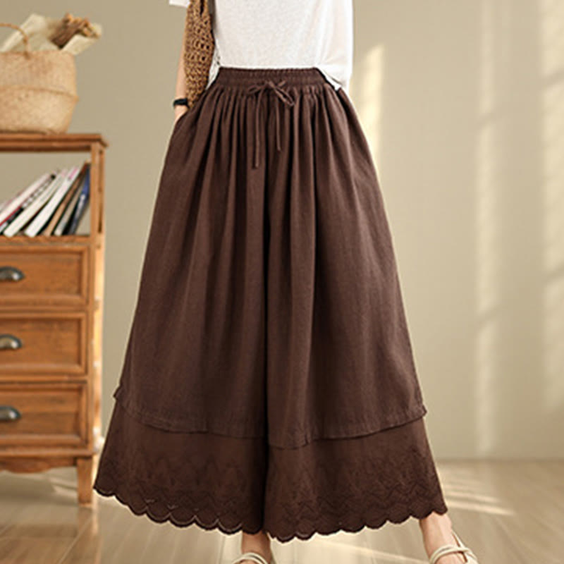 Nimara Ritual Spring Embroidery Lace Hem Patchwork Drawstring Design Women's Wide Leg Cotton Pants With Pockets