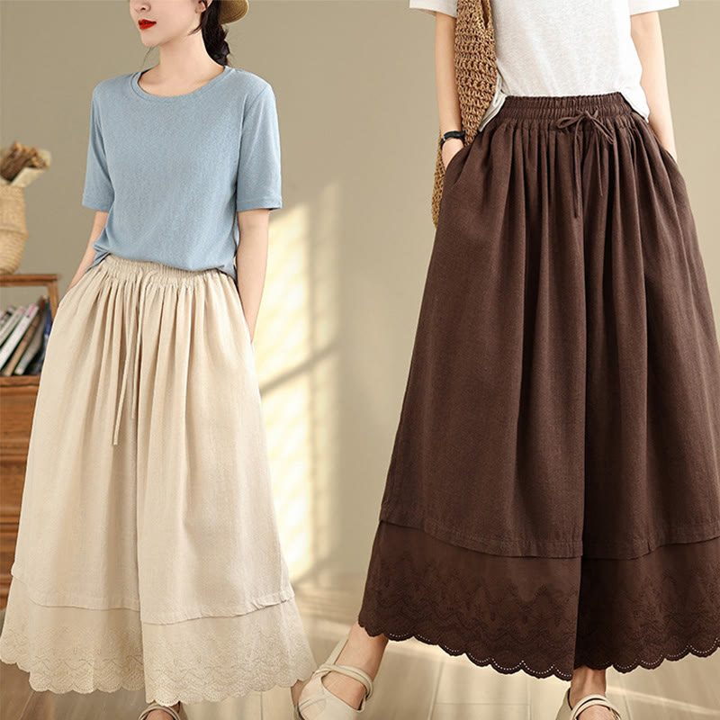 Nimara Ritual Spring Embroidery Lace Hem Patchwork Drawstring Design Women's Wide Leg Cotton Pants With Pockets