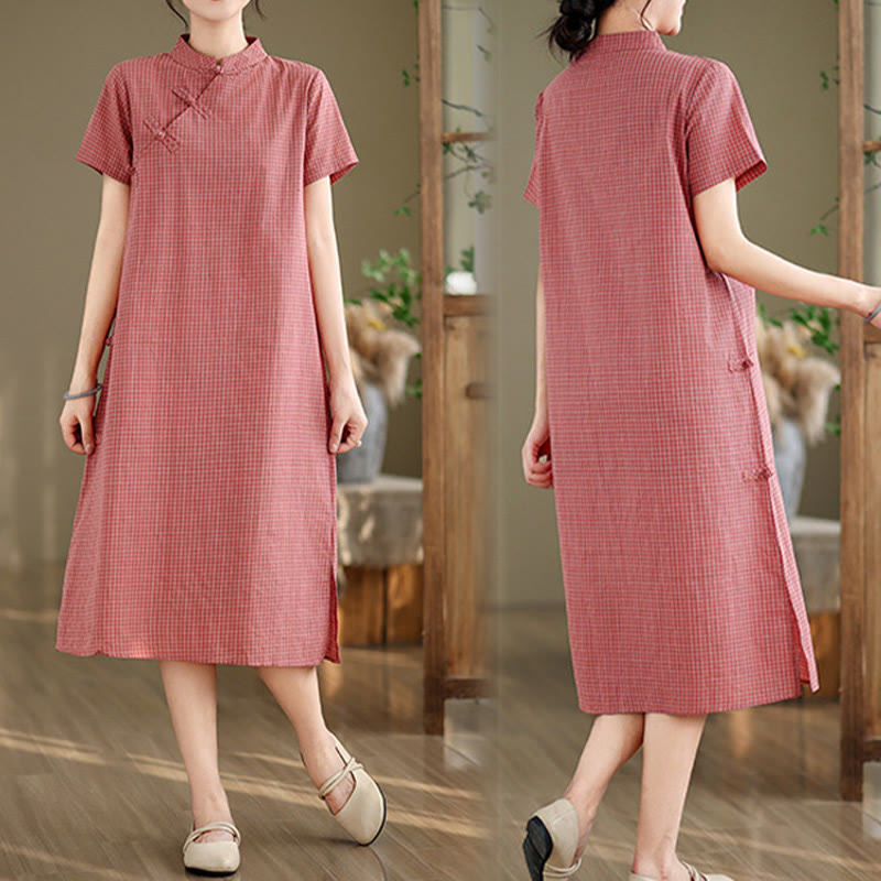 Nimara Ritual Plaid Short Sleeve Frog-Button Design Cotton Linen Improved Cheongsam Midi Dress