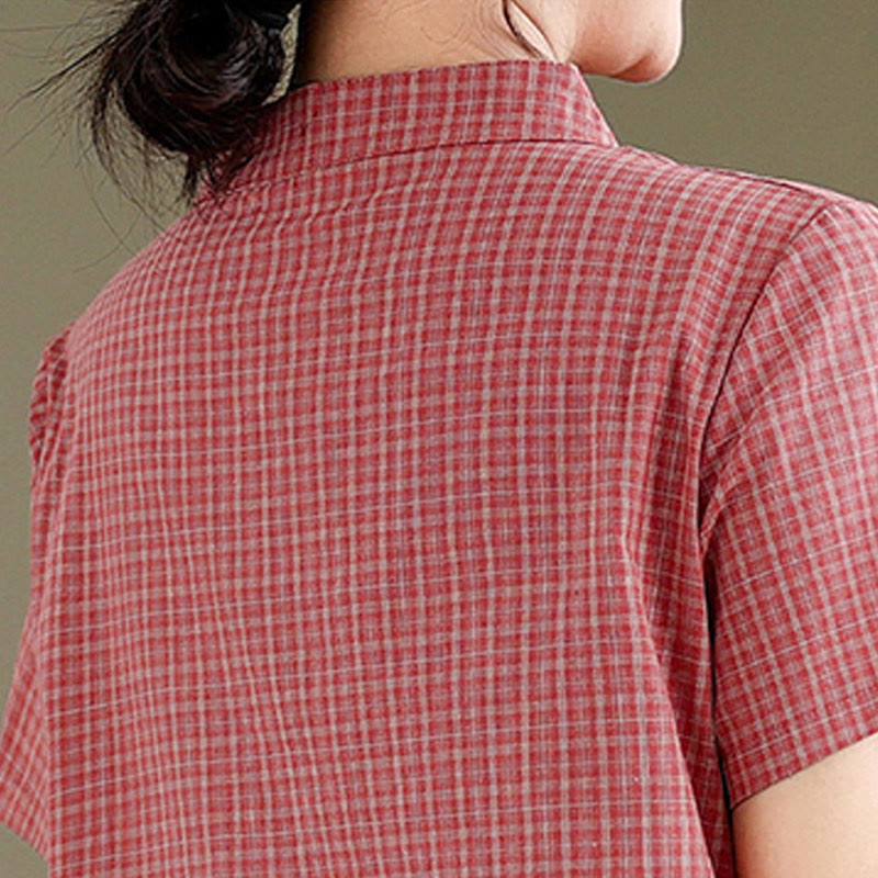 Nimara Ritual Plaid Short Sleeve Frog-Button Design Cotton Linen Improved Cheongsam Midi Dress