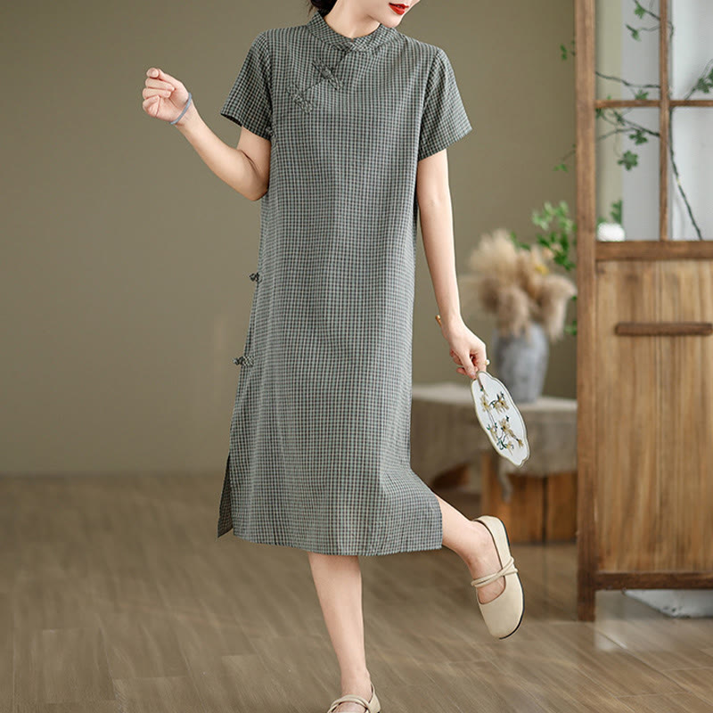 Nimara Ritual Plaid Short Sleeve Frog-Button Design Cotton Linen Improved Cheongsam Midi Dress