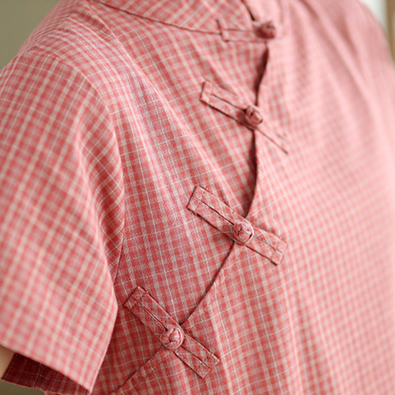 Nimara Ritual Plaid Short Sleeve Frog-Button Design Cotton Linen Improved Cheongsam Midi Dress
